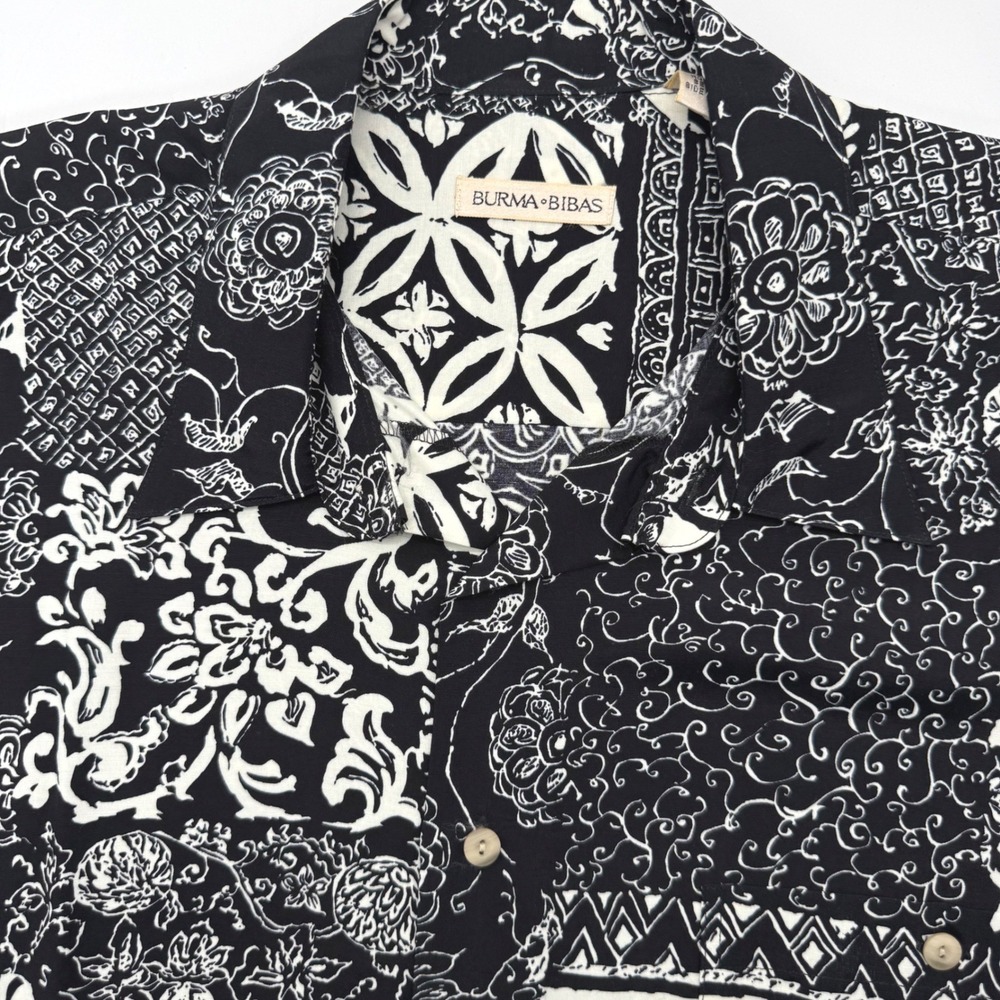 Burma Bibas Button Down Men L Black White Patchwork Floral Rayon Short Sleeve